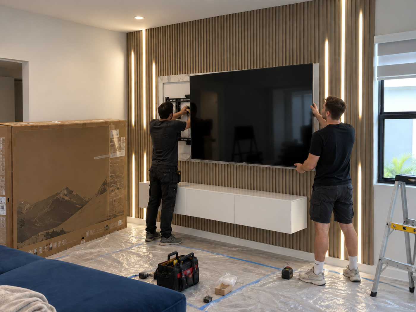Two fitters lifting a television onto a recessed mount in an oak slat wall