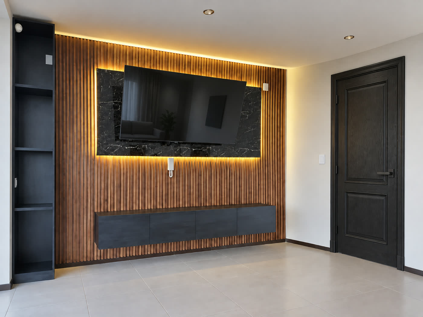 Walnut slat wall with black marble TV inlay and a floating charcoal console